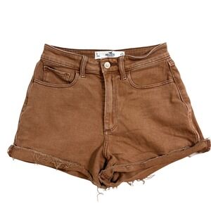 Hollister Curvy Ultra High-Rise Mom Shorts Brown Denim Raw Hem Size 1 , W25